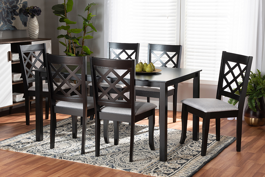 RH330C-Grey-Dark Brown-7PC Dining Set Verner Modern & Contemporary Grey Fabric Upholstered & Dark Brown Finished Wood Dining Set - 7 Piece