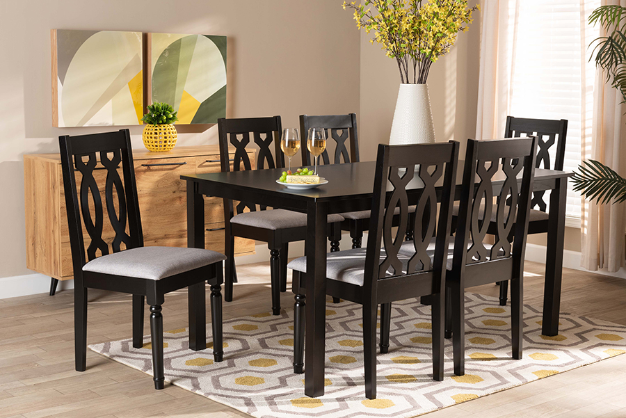 RH334C-Grey-Dark Brown-7PC Dining Set Cherese Modern & Contemporary Grey Fabric Upholstered & Dark Brown Finished Wood Dining Set - 7 Piece