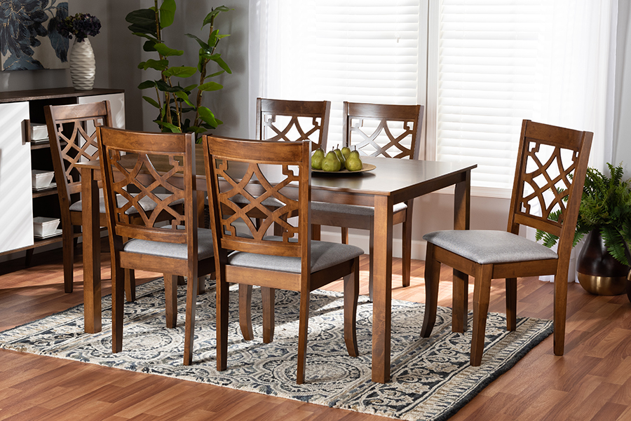 RH331C-Grey-Walnut-7PC Dining Set Mael Modern & Contemporary Gray Fabric Upholstered & Walnut Brown Wood 7 Piece Dining Set