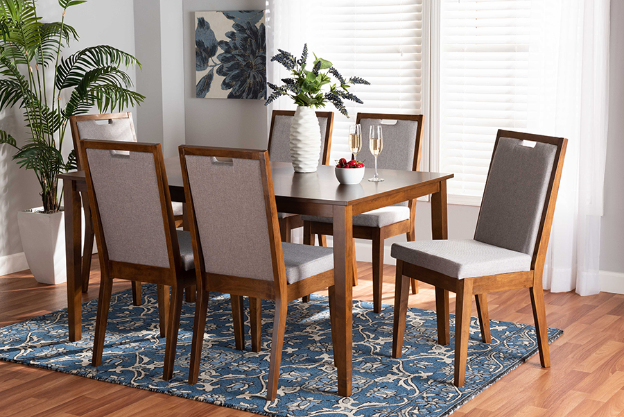 Rosa-Grey-Walnut-7PC Dining Set Rosa Modern & Contemporary Gray Fabric Upholstered & Walnut Brown Wood 7 Piece Dining Set
