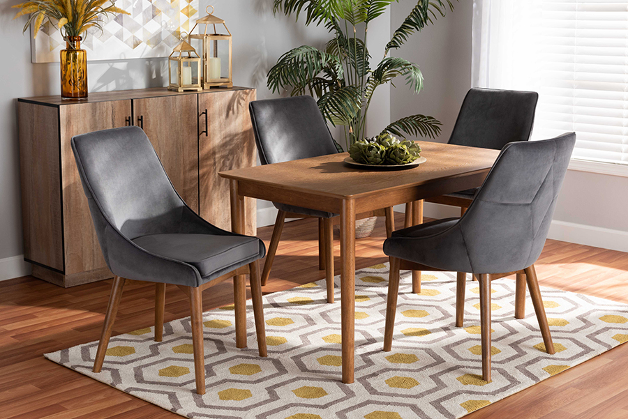 193271271948 Gilmore Modern & Contemporary Velvet Fabric Upholstered & Wood Dining Set, Grey & Walnut Brown - 5 Piece -  Baxton Studio