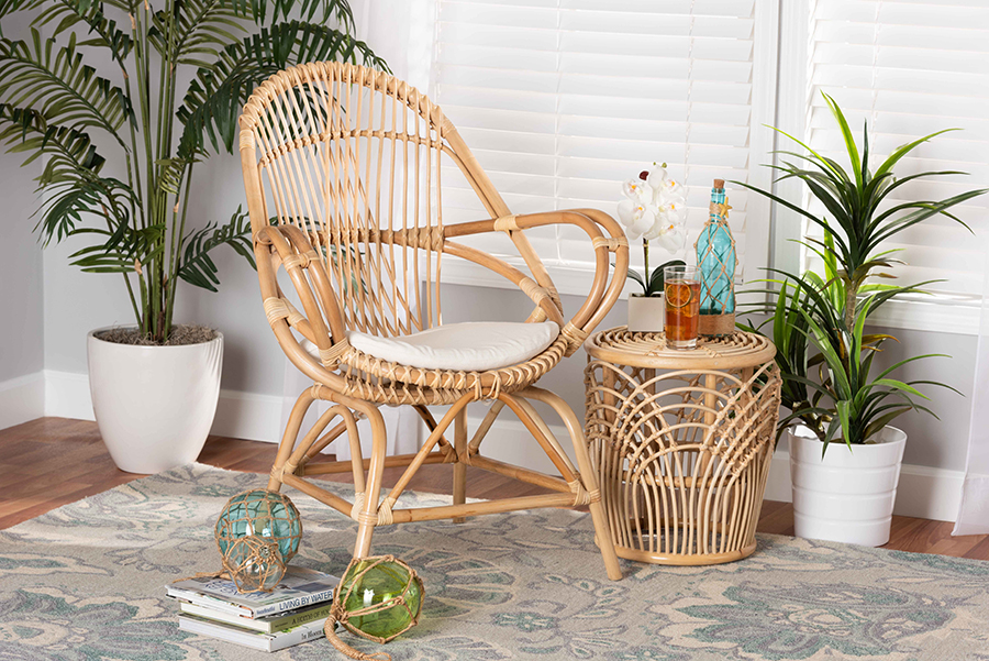 Picture of Baxton Studio Jayden-Rattan-CC Jayden Modern Bohemian White Fabric Upholstered & Natural Brown Rattan Accent Chair