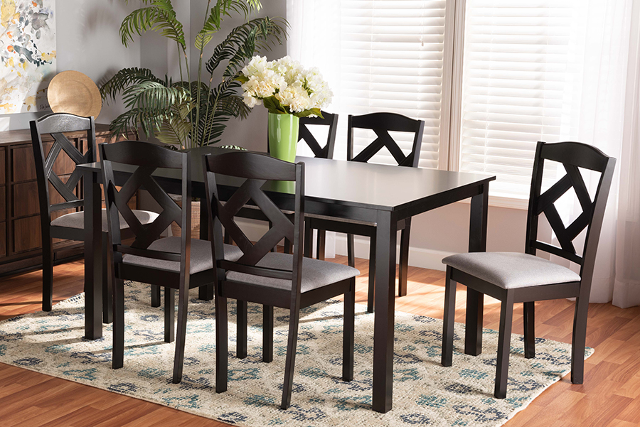 Picture of Baxton Studio 193271295456 Ruth Modern Transitional Fabric Upholstered & Finished Wood Dining Set&#44; Grey & Dark Brown - 7 Piece