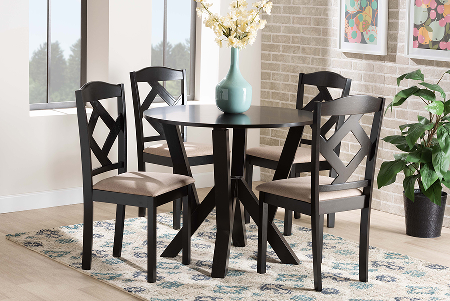 Picture of Baxton Studio 193271301201 Riona Wood Dining Set&#44; Dark Brown Finish & Sand Fabric Upholstered - 5 Piece
