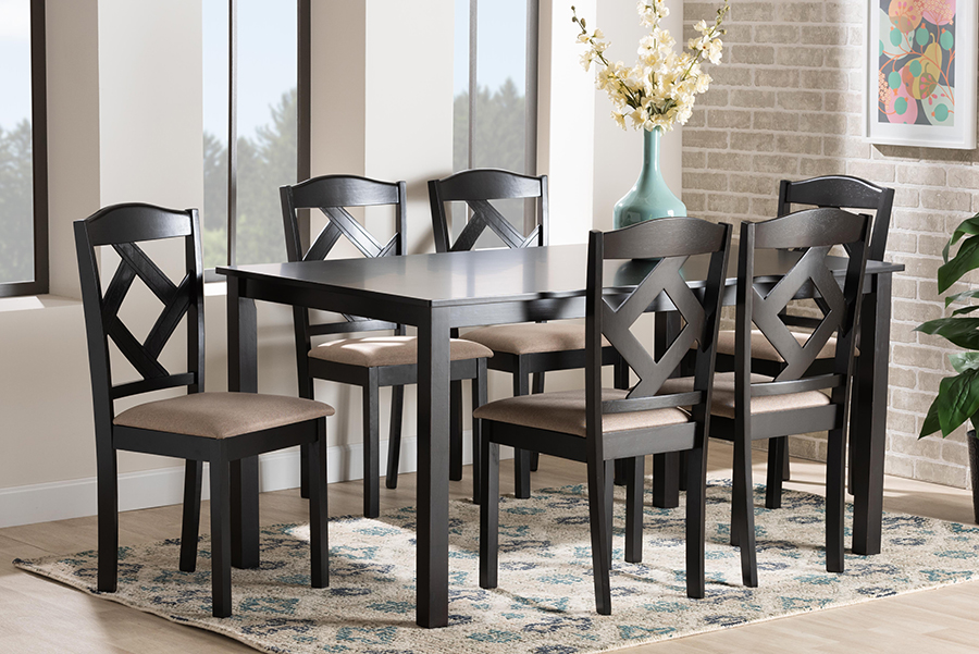 Picture of Baxton Studio 193271301225 Ruth Fabric Upholstered & Finished Wood Dining Set&#44; Sand & Dark Brown - 7 Piece