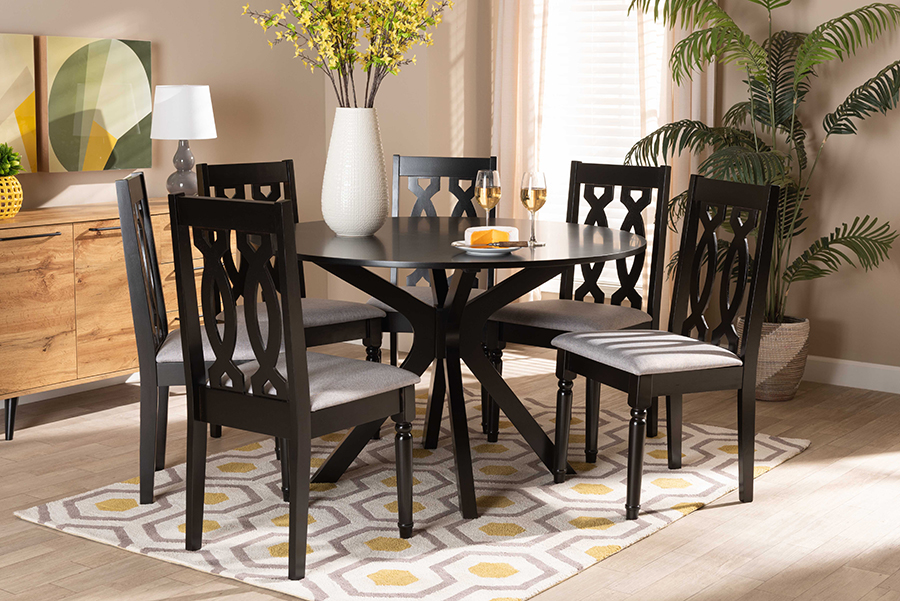 Callie-Grey-Dark Brown-7PC Dining Set Callie Modern & Contemporary Gray Fabric Upholstered & Dark Brown Wood 7 Piece Dining Set