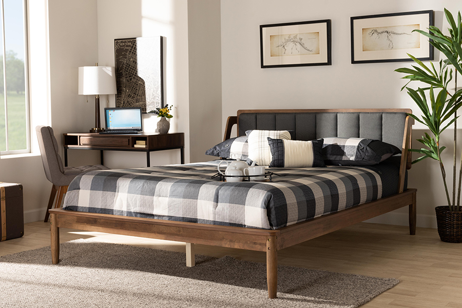 Helsa Mid-Century Modern Dark Grey Fabric and Walnut Finished Full Size Platform Bed