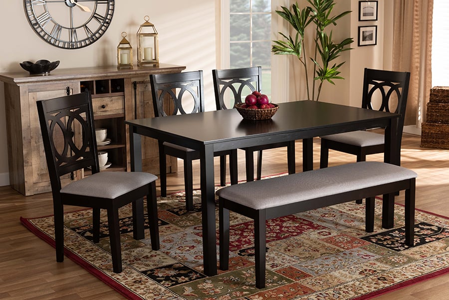 RH315C-Grey-Dark Brown-6PC Dining Set Bennett Modern & Contemporary Grey Fabric Upholstered & Dark Brown Finished Wood Dining Set - 6 Piece