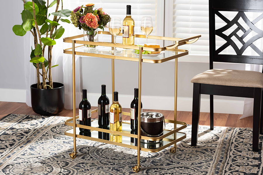 Picture of Baxton Studio 193271170876 Destin Modern & Contemporary Glam Metal & Mirrored Glass 2-Tier Mobile Wine Bar Cart&#44; Brushed Gold