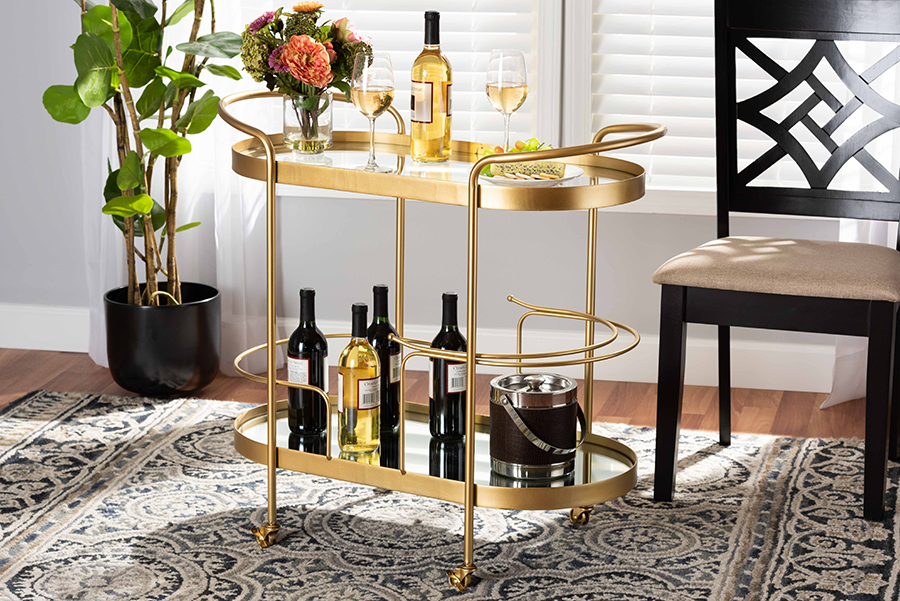Picture of Baxton Studio 193271170883 17.3 x 31.9 x 30.3 in. Kamal Modern & Contemporary Glam Brushed Metal & Mirrored Glass 2-Tier Mobile Wine Bar Cart&#44; Gold