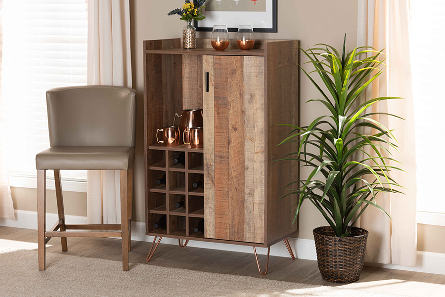 Picture of Baxton Studio WC8000-Rustic-Wine Cabinet Mathis Modern & Contemporary Rustic Brown Wood & Rose Gold Metal Wine Storage Cabinet