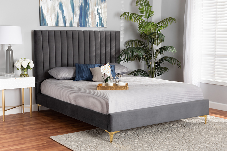 193271148097 51.6 x 57.50 x 56.7 in. Serrano Contemporary Glam & Luxe Velvet Fabric Upholstered & Metal Platform Bed, Grey & Gold - Full Size -  Baxton Studio