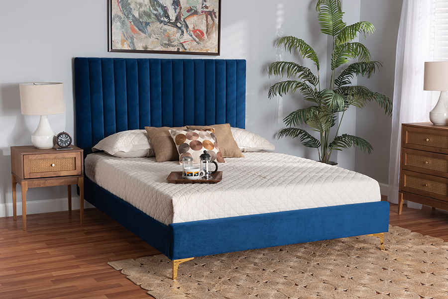 Picture of Baxton Studio 193271148219 63.4 x 85.6 x 51.6 in. Serrano Contemporary Glam & Luxe Velvet Fabric Upholstered & Metal Platform Bed&#44; Navy Blue & Gold - Queen Size