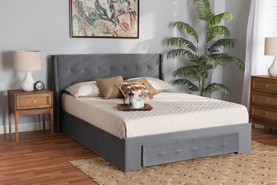 Picture of Baxton Studio 193271239443 68.9 x 84.6 x 40.5 in. Noella Modern & Contemporary Velvet Fabric Upholstered 1-Drawer Platform Storage Bed&#44; Grey - Queen Size