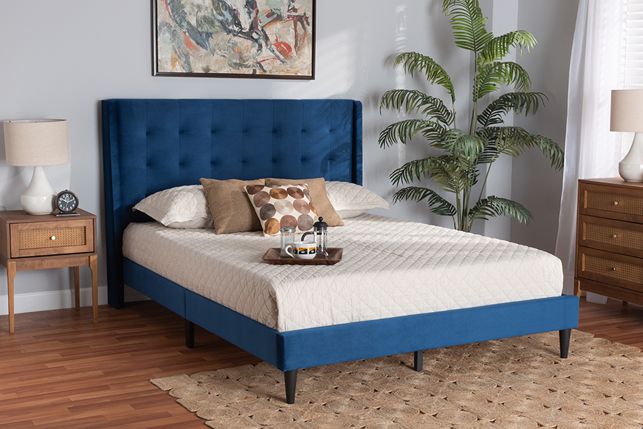 Picture of Baxton Studio 193271239481 65.7 x 87.4 x 47.5 in. Gothard Modern & Contemporary Velvet Fabric Upholstered & Wood Platform Bed&#44; Navy Blue & Dark Brown - Queen Size