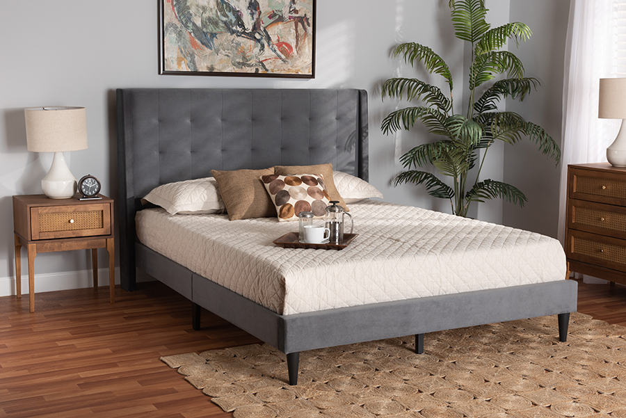 Picture of Baxton Studio 193271239498 81.7 x 87.4 x 47.5 in. Gothard Modern & Contemporary Velvet Fabric Upholstered & Wood Platform Bed&#44; Grey & Dark Brown - King Size