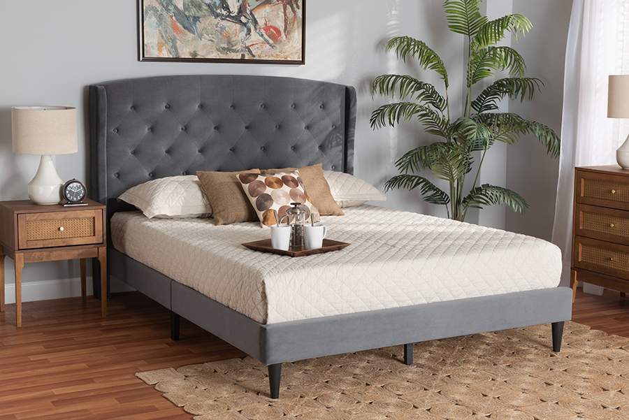 Picture of Baxton Studio 193271239535 81.7 x 87.4 x 50.2 in. Joanna Modern & Contemporay Velvet Fabric Upholstered & Wood Platform Bed&#44; Grey & Dark Brown - King Size