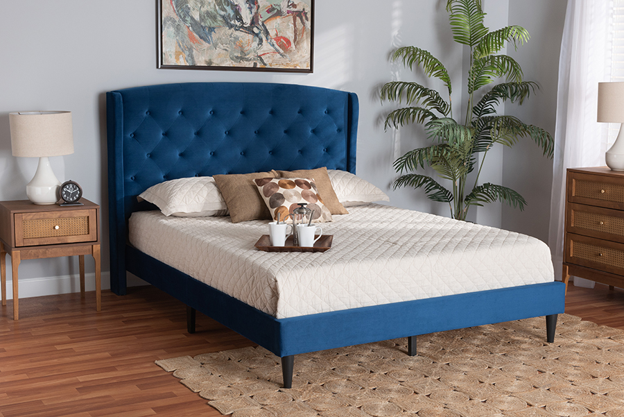 Picture of Baxton Studio 193271239542 81.7 x 87.4 x 50.2 in. Joanna Modern & Contemporay Velvet Fabric Upholstered & Wood Platform Bed&#44; Navy Blue & Dark Brown - King Size