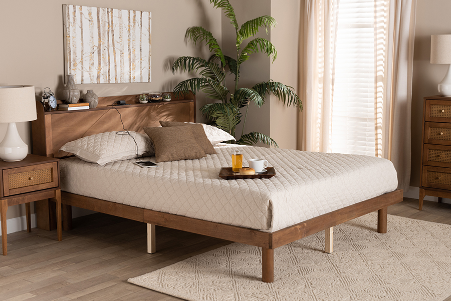 193271201204 Decker Mid-Century Modern Transitional Walnut Brown & Wood Full Size Platform Bed with Charging Station
