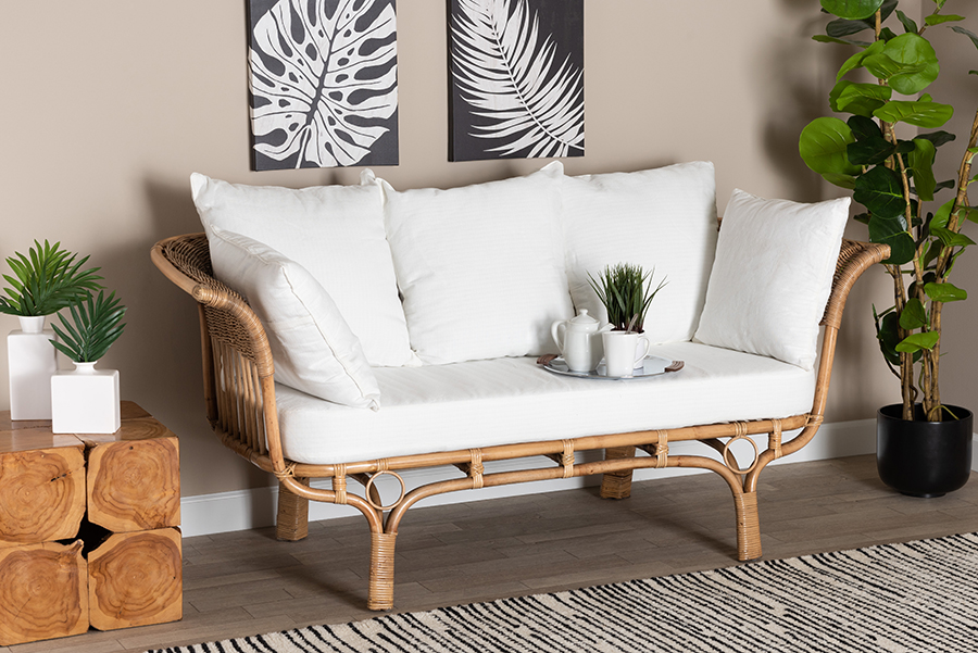 Picture of Baxton Studio 193271286751 Edana Modern Bohemian White & Natural Brown Rattan Sofa with Cushion