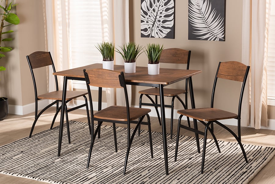 193271346912 Neona Modern Industrial Walnut Brown Wood & Black Metal Dining Set, 5 Piece -  Baxton Studio