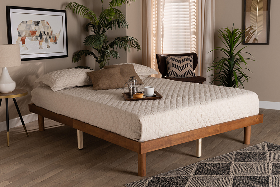 MG0082S-Walnut-Queen Winston Mid-Century Modern Walnut Brown Wood Queen Size Platform Bed frame -  Baxton Studio, 193271201068