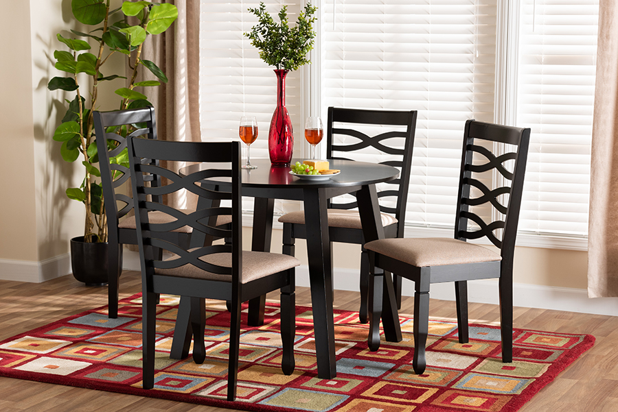 193271146895 Ruby Modern Beige Fabric & Dark Brown Finished Wood Dining Set, 5 Piece