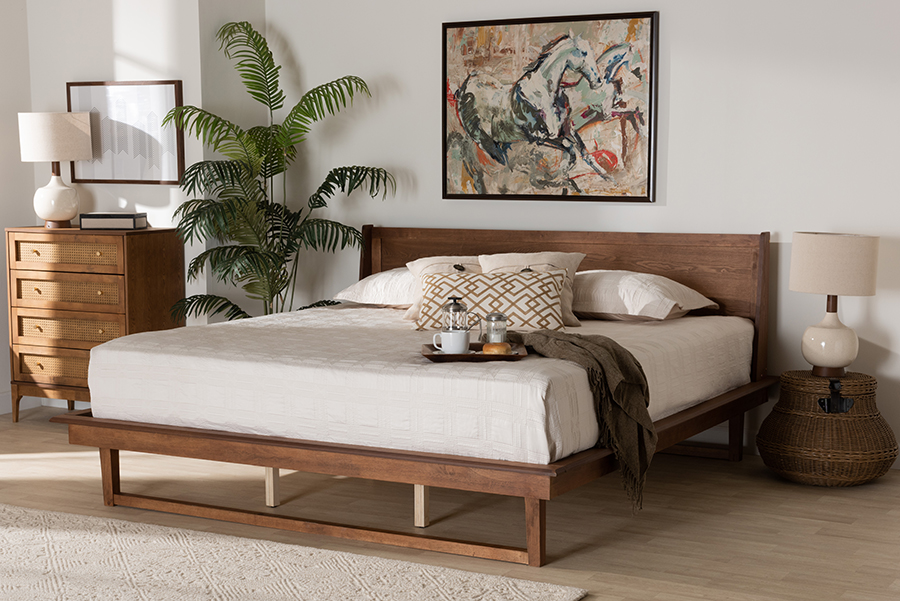 193271251339 Macayle Mid-Century Modern Ash Walnut Finished Wood Queen Size Platform Bed