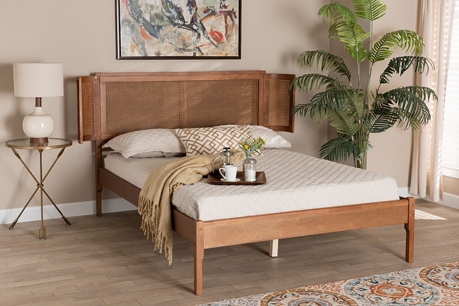 193271201082 Eridian Mid-Century Modern Wood & Natural Rattan Platform Bed, Walnut Brown - Full Size