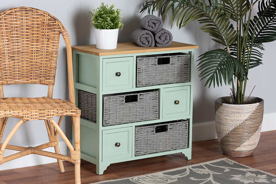 Picture of Baxton Studio 193271234691 Valtina Modern & Contemporary Two-Tone Wood 3-Drawer Storage Unit with Baskets&#44; Oak Brown & Mint Green