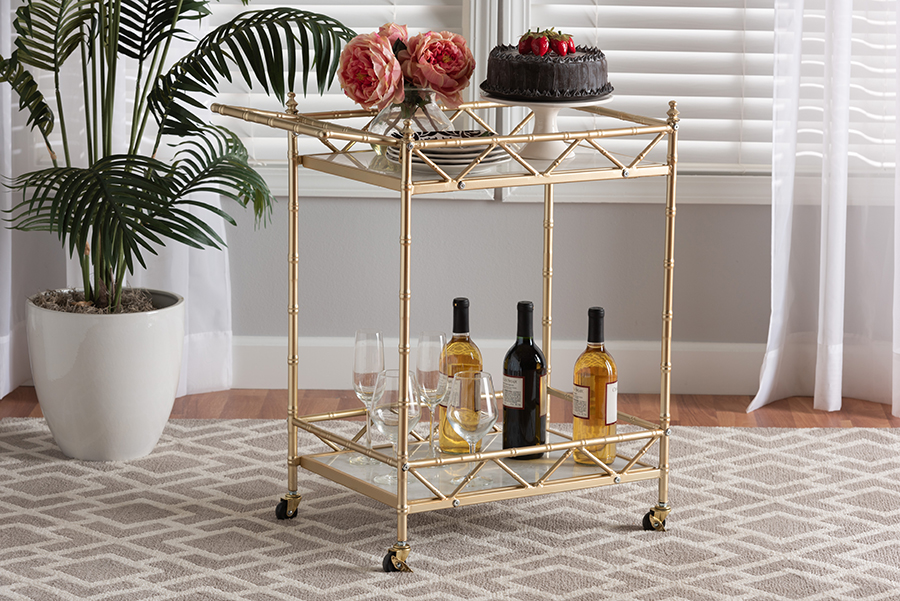 Picture of Baxton Studio 193271263301 Mela Contemporary Metal & White Marble 2-Tier Wine Bar Cart&#44; Glam & Luxe Gold