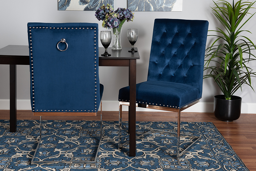 193271355648 Sherine Contemporary Velvet Fabric & Silver Metal Dining Chair, Glam & Luxe Navy Blue - Pack of 2 -  Baxton Studio