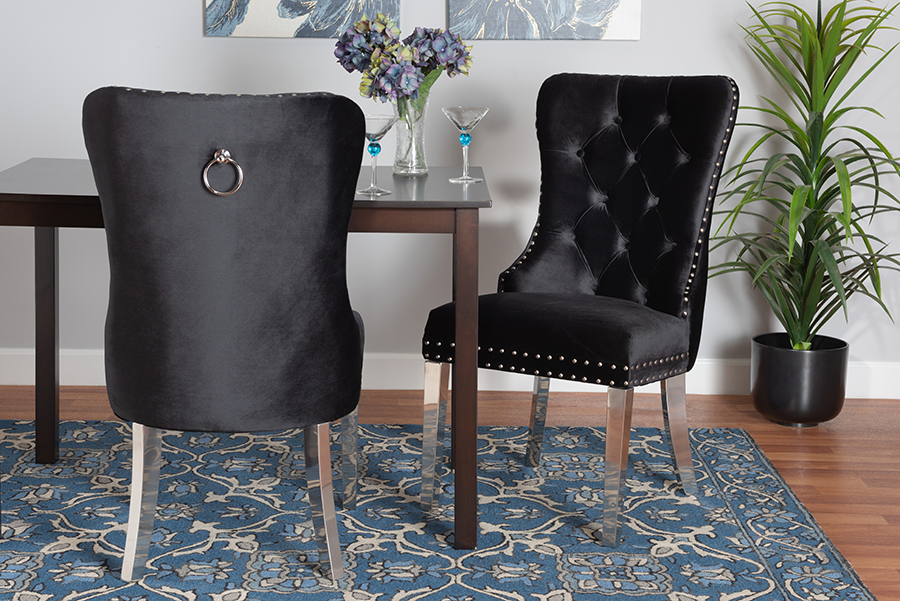 193271355655 Honora Contemporary Velvet Fabric & Silver Metal Dining Chair, Glam & Luxe Black - Pack of 2