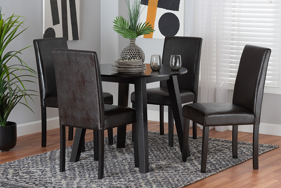 193271166343 Emine Modern Dark Brown Faux Leather & Espresso Brown Finished Wood Dining Set, 5 Piece