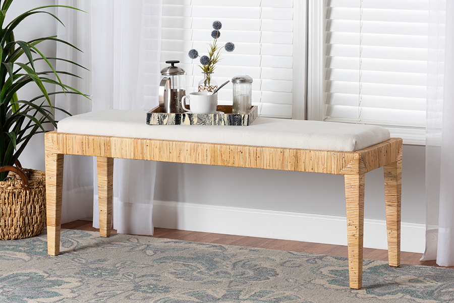 193271369164 20.10 x 48 x 15.70 in. Sofia Modern Bohemian Rattan & Mahogany Wood Bench - White & Natural Brown