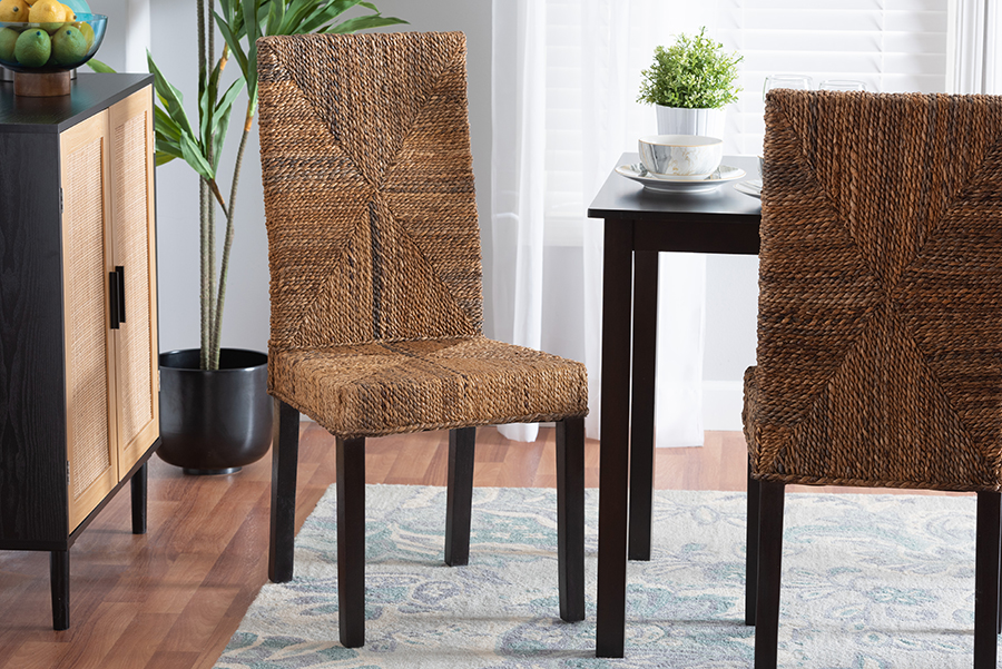 193271375127 38.60 x 17.70 x 20.90 in. Laymi Modern Bohemian Mahogany Wood & Banana Fiber Dining Chair - Natural Brown & Dark Brown