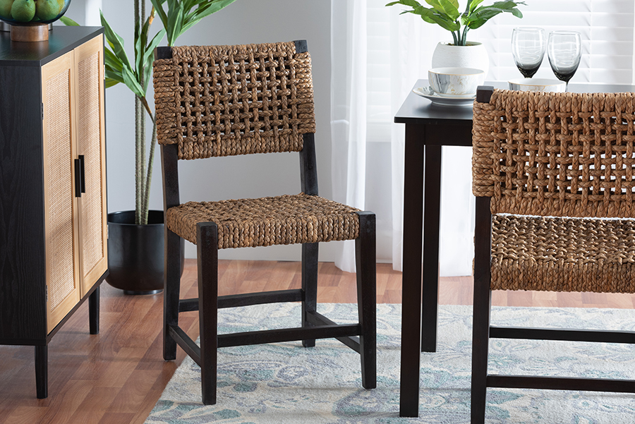 193271399963 34.10 x 18.10 x 21.70 in. Alise Modern Bohemian Mahogany Wood & Banana Fiber Dining Chair - Dark Brown & Natural Brown