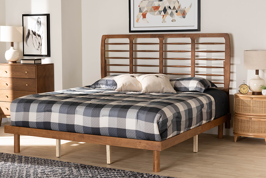 193271250004 Petra Mid-Century Modern Ash Walnut Finished Wood King Size Platform Bed -  Baxton Studio