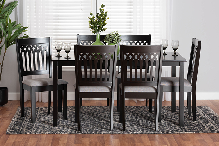 193271381647 Genesis Modern Grey Fabric & Dark Brown Finished Wood Dining Set - 7 Piece