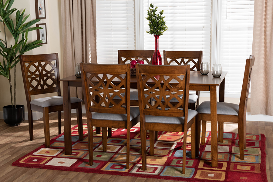 193271382149 Abigail Modern Grey Fabric & Walnut Brown Finished Wood Dining Set - 7 Piece