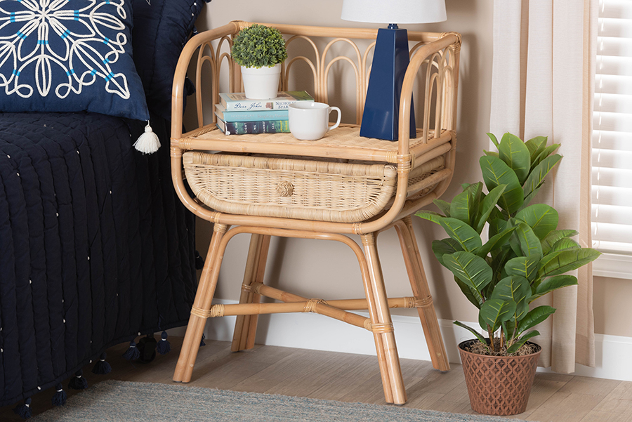 Panchali Modern Bohemian Natural Brown Rattan Nightstand