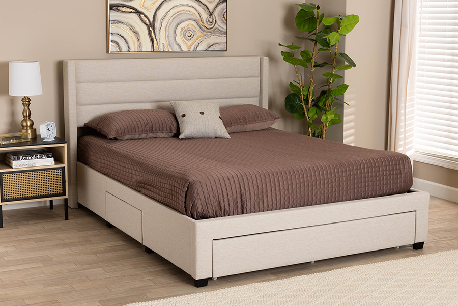 193271367641 Braylon Mid-Century Modern Transitional Finished Wood 3-Drawer Storage Platform Bed, Beige Fabric & Dark Brown - Full Size