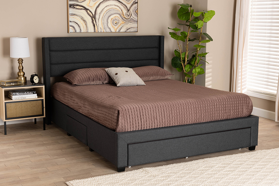 193271367764 Braylon Mid-Century Modern Transitional Finished Wood 3-Drawer Storage Platform Bed, Charcoal Grey Fabric & Dark Brown - Queen Size