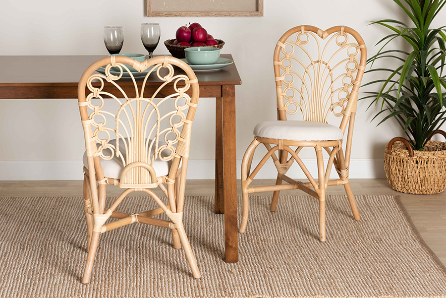 Jerica Rattan Dining Chair - White & Natural Brown - Fully Assembled - Bohemian Design
