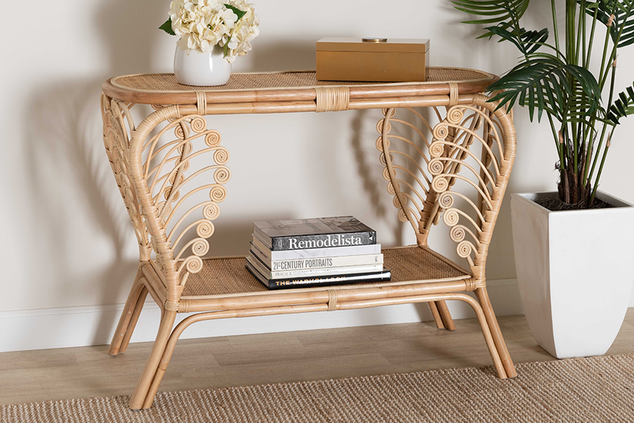 Bastet Modern Bohemian Rattan 2-Tier Console Table, Natural Brown