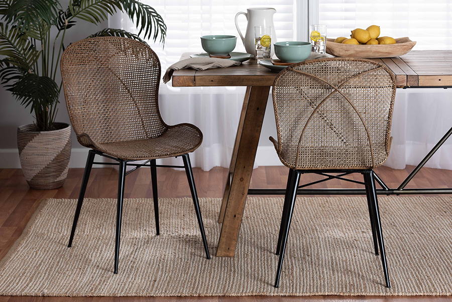 193271295258 Baxton Studio Sabelle Japandi Greywashed Rattan & Black Metal Dining Chair Set - Pack of 2