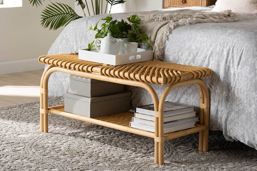 193271378920 Baxton Studio Himari Modern Bohemian Natural Brown Rattan Accent Bench