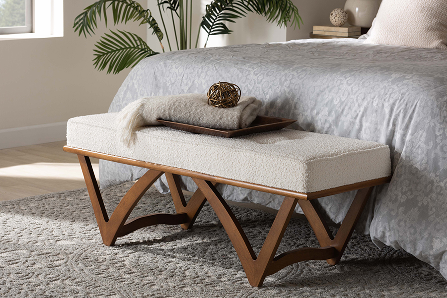 Baxton Studio Chenoa Japandi Cream Boucle Fabric & Walnut Brown Finished Wood Bench
