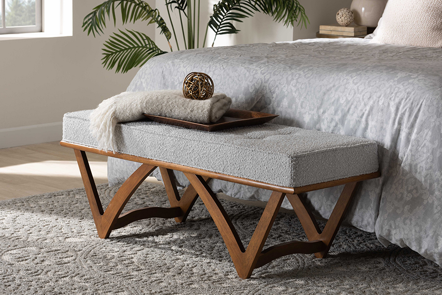 193271394272 Baxton Studio Chenoa Japandi Light Grey Boucle Fabric & Walnut Brown Finished Wood Bench