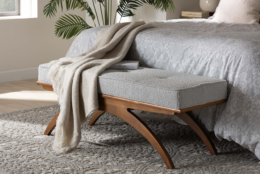 193271394296 Baxton Studio Orella Japandi Light Grey Boucle Fabric & Walnut Brown Finished Wood Bench